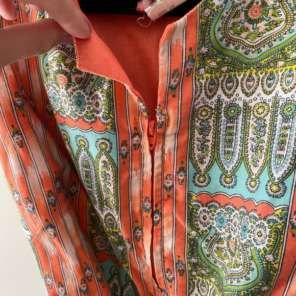 🐣Vintage 70s Orange Paisley Zipper Dress - Picture 4 of 4